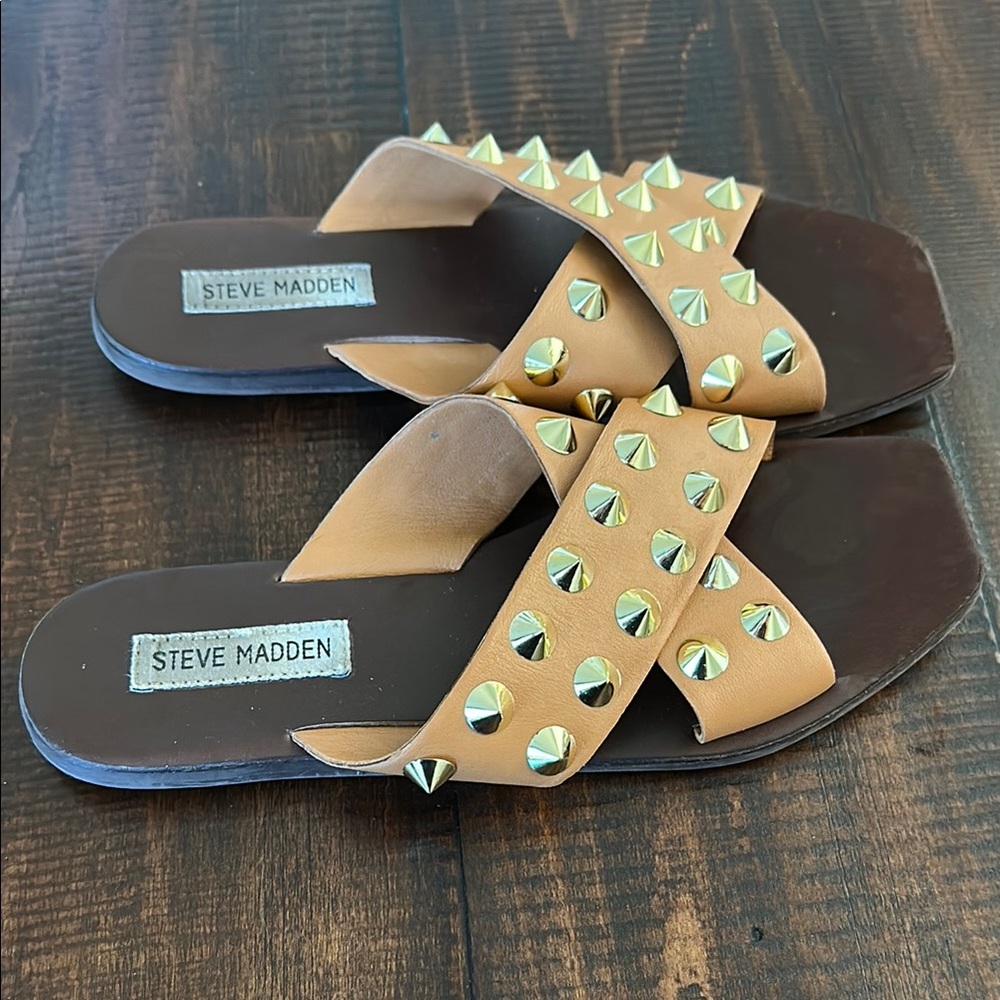 Steve Madden Brown Slide “Spiked” Sandals with Gold Studs